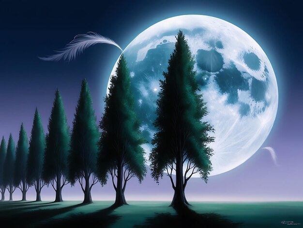 A full moon with trees in the foreground