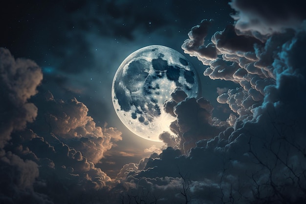 Full Moon with Visible Clouds and Shining Stars in the Sky