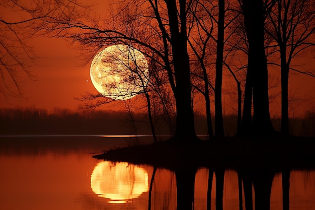 Full moonrise captured with a silhouette of trees in the foreground