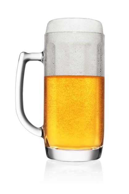 Full mug of light yellow beer isolated on white background