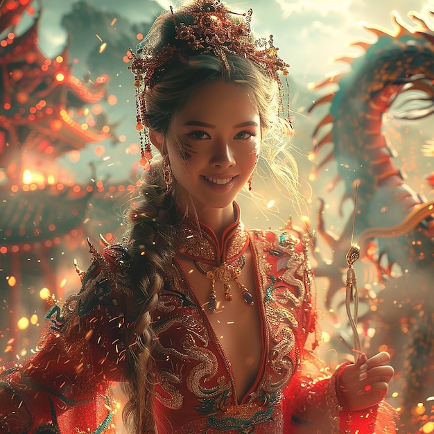 Full photo of asian woman with happy Chinese New Year