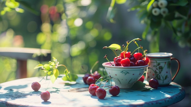 Full plate of delicious cherries on wooden table in the garden on sunny day