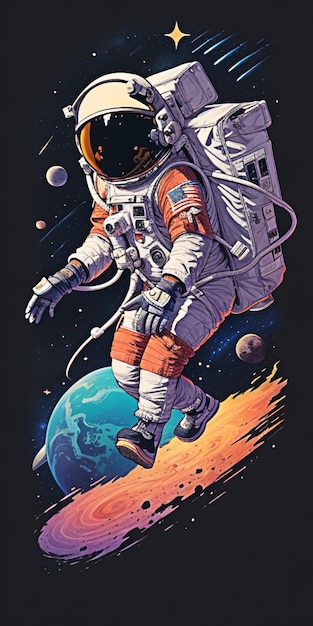 Full Portrait an astronaut floating through space using balloons shaped like planets