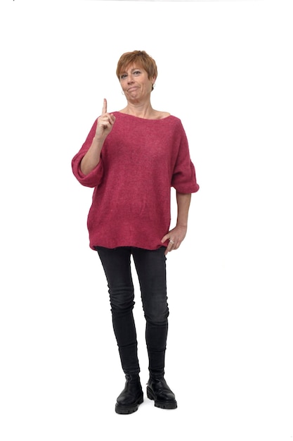 Full portrait of women with finger witn number one white background