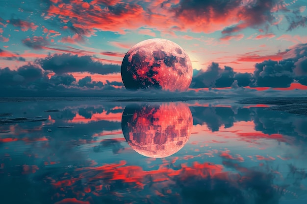 Photo a full red moon is reflected in still water creating a surreal and captivating scene a surreal scene of a red moon reflected in a still body of water creating a mesmerizing mirror effect