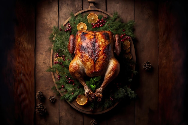 A full roasted chicken decorated for Christmas a wooden backdrop looking up