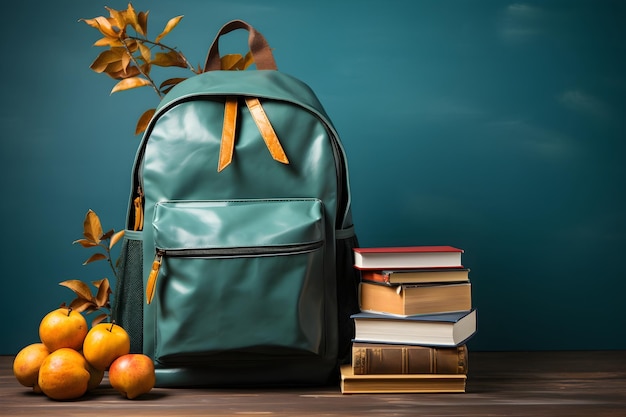 Full school backpack with books isolated on blue background with copy space