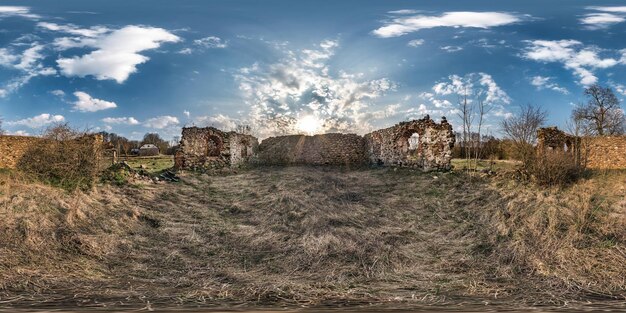 Full seamless spherical hdri panorama 360 degrees angle view inside stone abandoned ruined farm building in equirectangular projection ready AR VR virtual reality content