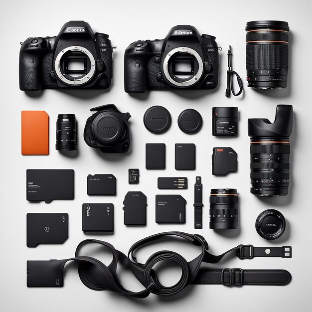 Photo full set of camera accessories including lenses and other parts