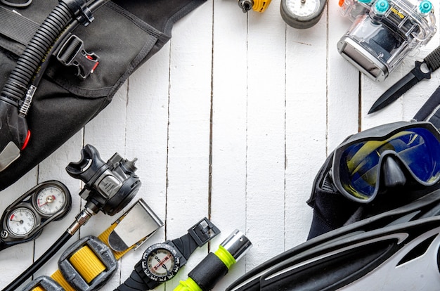 Full set of scuba diving equipment. Scuba gear and accessories.