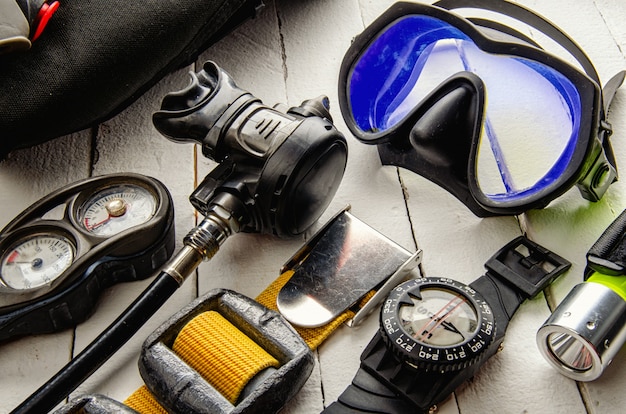 Full set of scuba diving equipment. Scuba gear and accessories.