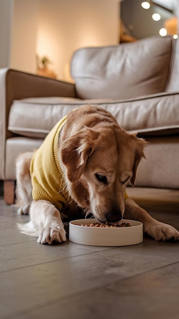 Photo full shot dog eating at home