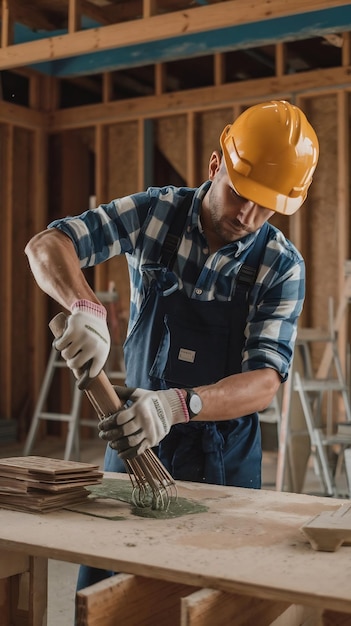 Full shot man mixing construction composition