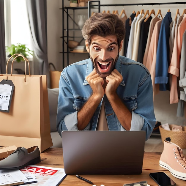 Full shot man online shopping browsing clothes online with excited expression and shopping bag in ha