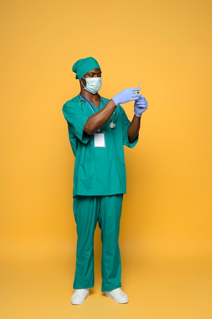 Full shot nurse with mask holding syringe