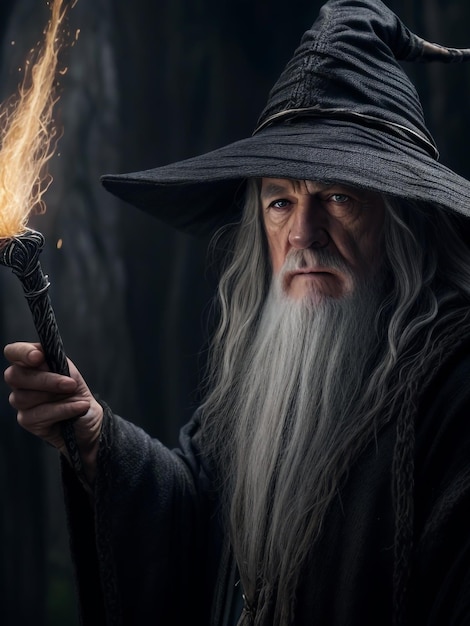 a full shot photo of Gandalf casting a spell