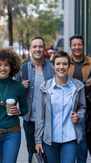 Full shot smiley colleagues going to work