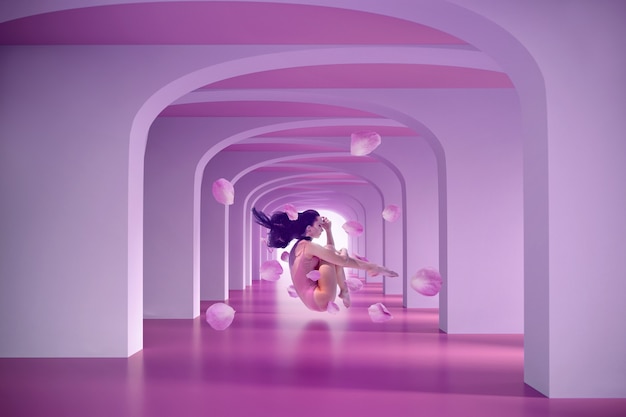 Full shot woman floating digital lavender landscape