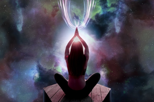 Full shot woman meditating with abstract background