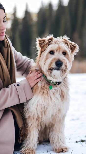 Full shot woman petting smiley dog