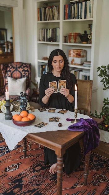 Photo full shot woman reading tarot at home