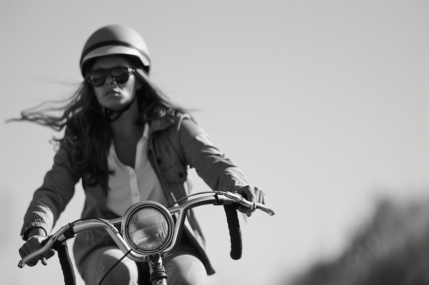 Full shot woman riding bike outdoors