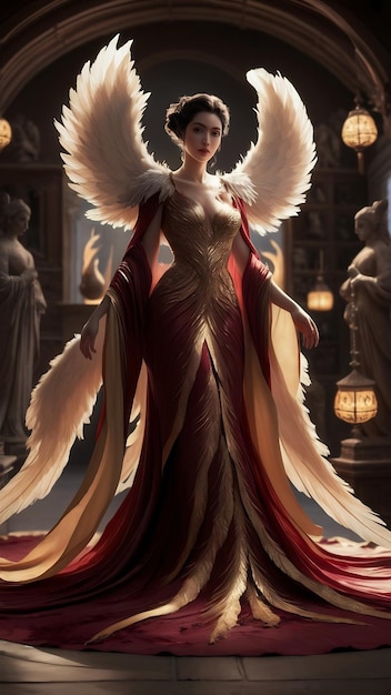 Full shot woman with wings indoors