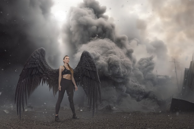 Full shot woman with wings outdoors