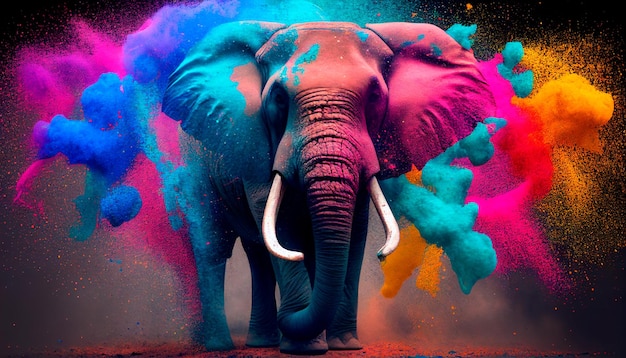 Full size of a big elephant at the Holi festival party celebration Different colors powder explosion generative ai