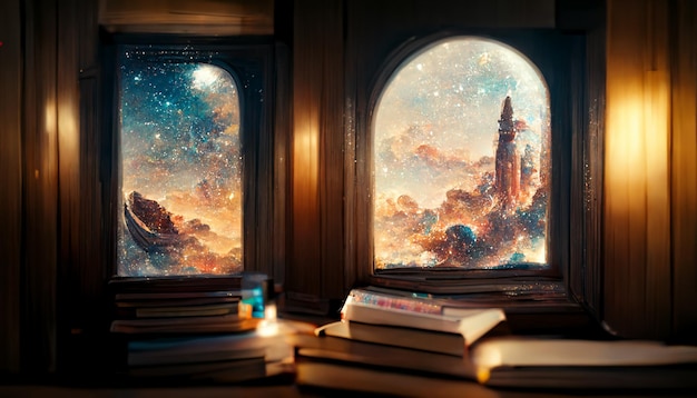 A full size bookshelf beside a window of a rococo style spaceship milkyway outside the window classic indoor ambient light Interior of Magic Library ornamental glass window