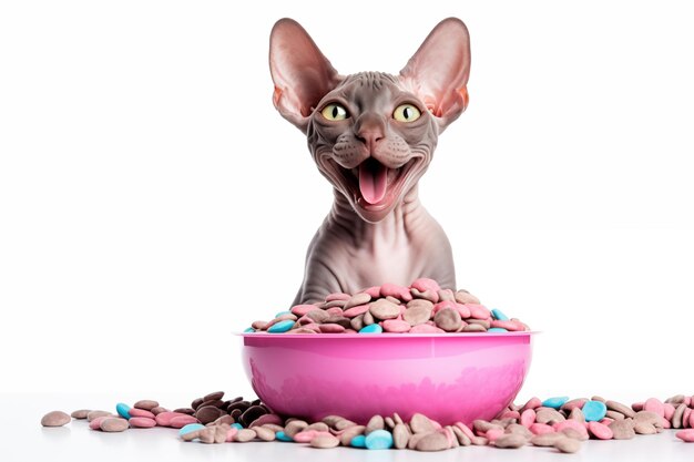 Full size image of happy Sphynx cat with bowl of cat food isolated on white background