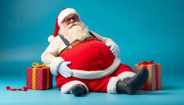 Photo full size photo of cool fat overweight santa claus with big abdomen sit xmas christmas magic