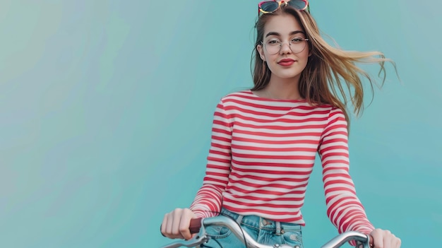 Photo full size photo of young woman cycling look empty space wave hand