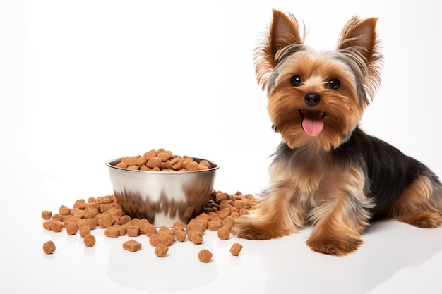 Full size portrait of happy Yorkshire Terrier dog with a big bowl of dog food Isolated on white background