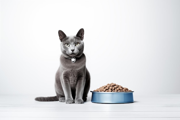 Full size portrait of Russian Blue cat with bowl of cat food isolated on white background