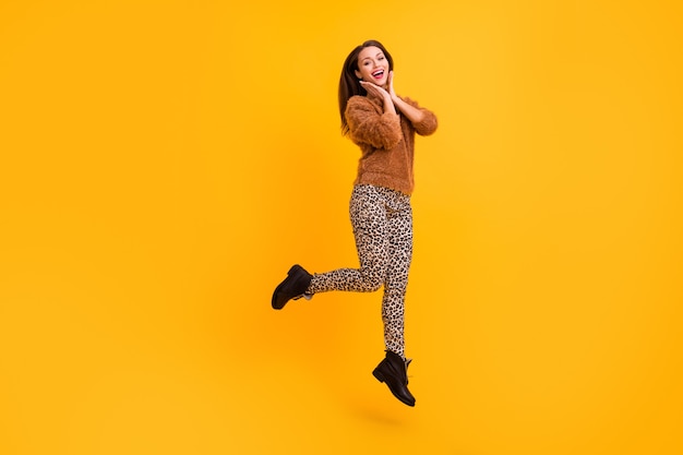 Full size profile photo of funky lady jumping up high