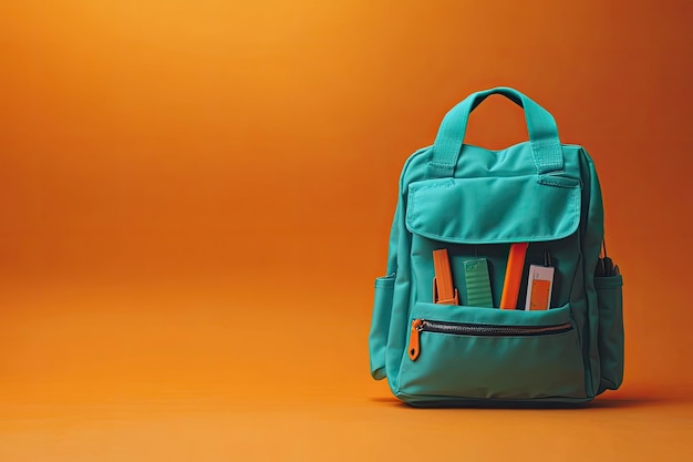 Full turquoise School Backpack with different supplies on orange background