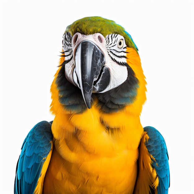 Full view blue and yellow macaw in front of a white background