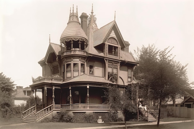 Full view of house with intricate exterior details visible