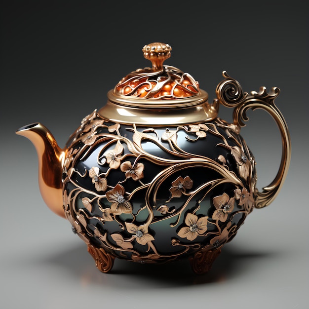 Photo full view of teapot with filigree metal on gray background