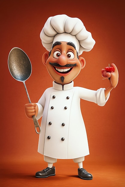 Photo fullbody cartoon character of a chef holding a large spoon