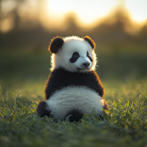 Photo fullbody photo back view a cute baby panda black and white cute back view sitting on the green