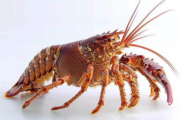 A fullbody photograph of an orange and brown spiny lobster isolated on a white background