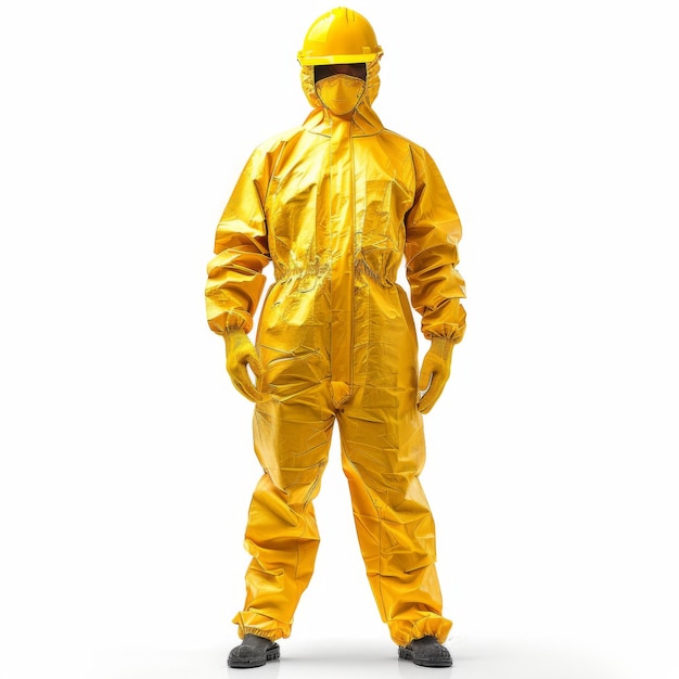 Fullbody portrait of a worker in a yellow hazmat suit and safety helmet isolated on white background