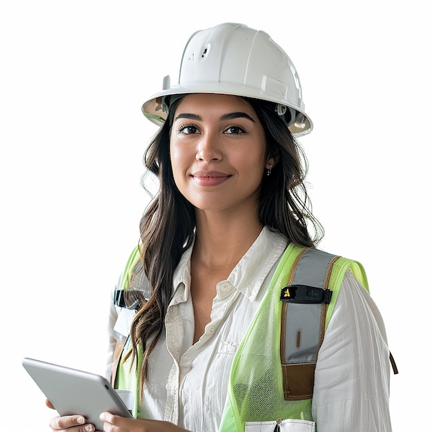 FullBody Shot of 22YearOld Hispanic Environmental Engineer Attractive in White Helmet and Shirt