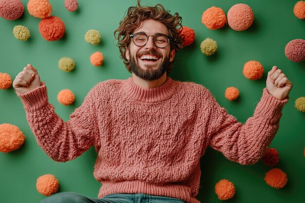 Photo fulllength photo of a fun attractive guy in a pink sweater against a green isolated background