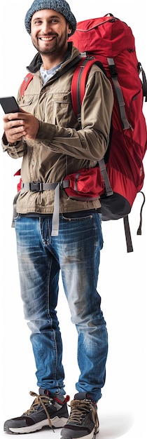 Fulllength portrait of a smiling man with a red backpack