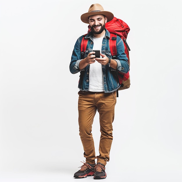 Fulllength portrait of a smiling man with a red backpack