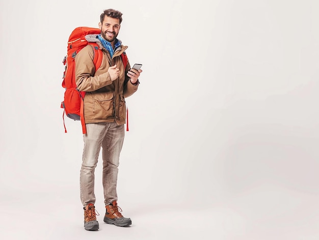 Fulllength portrait of a smiling man with a red backpack