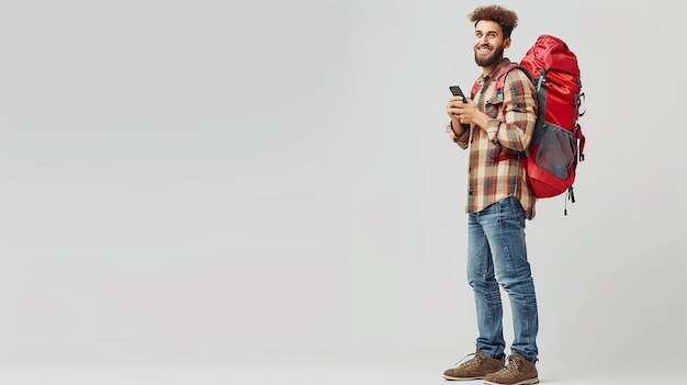 Fulllength portrait of a smiling man with a red backpack